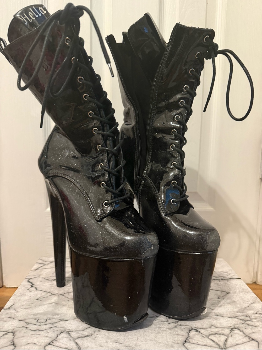 Black glitterati Patent Platform Lace-Up High Heel Boots